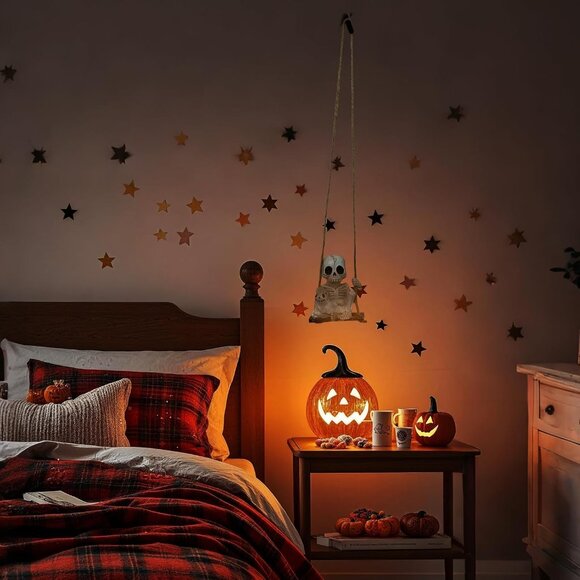 White Mini Resin Swing Skeleton Holding Ghost Cat Statue (3.1in) Halloween Decor - Picture 7 of 7